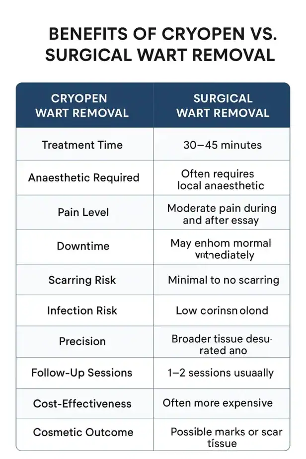 Table showing the benefits of cryopen to remove warts Fulham compared to surgical treatment